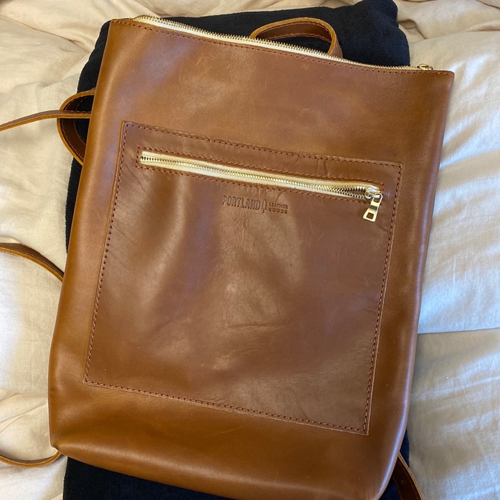 Portland Leather laptop backpack in brown.